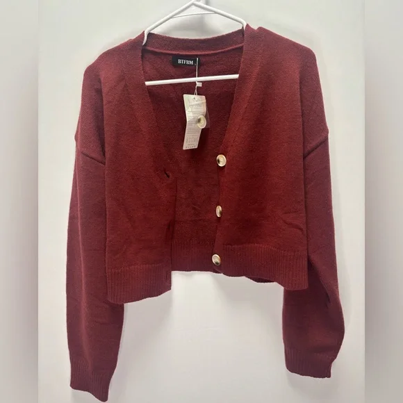 NWT BTFBM Cropped Burgundy Cardigan Sweater | Size Large, 3 buttons. - Picture 2 of 4